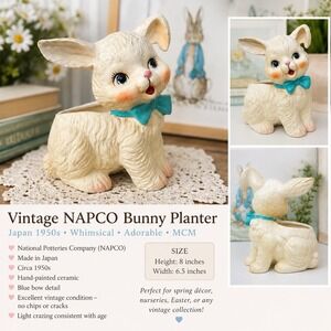 Vintage NAPCO Bunny Planter Storybook Rabbit Blue Bow Japan 1950s MCM